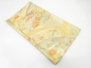 未使用品　佐賀錦　扇面に花・御所車模様織り出し　袋帯
